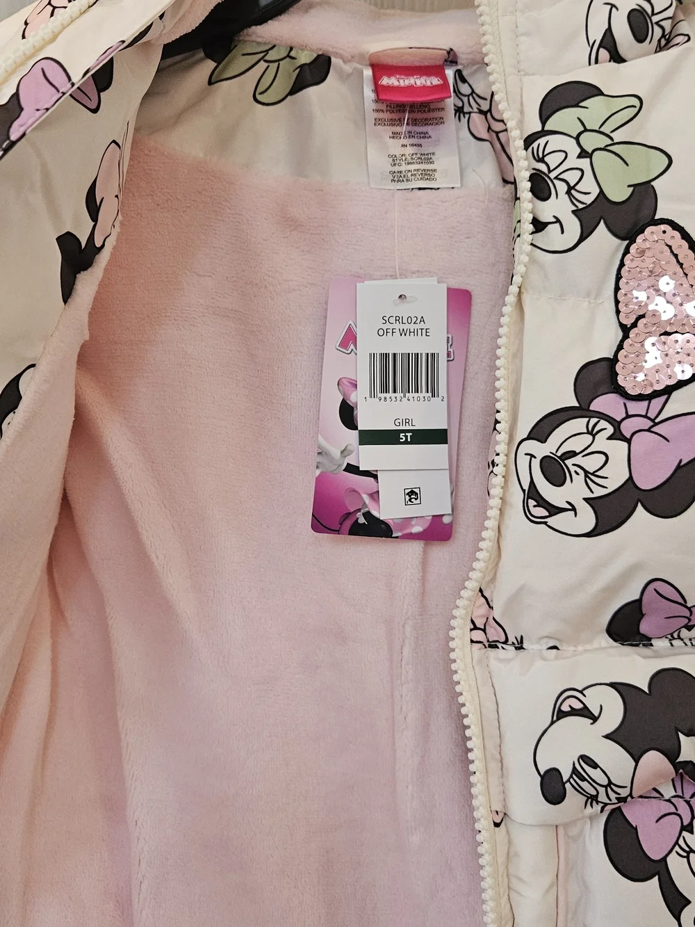 Disney Girls Off White and Pink Minnie Mouse Puffer Jacket